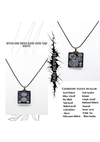 Siyah Çok Dualı Kare Akik Taşı Kolye Siyah