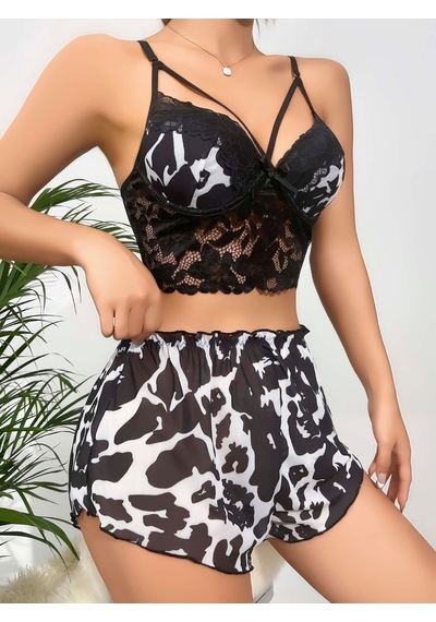Kadın Siyah Leopar Desenli Dantel Detaylı Şortlu Gecelik Pijama Takımı 5055 Siyah