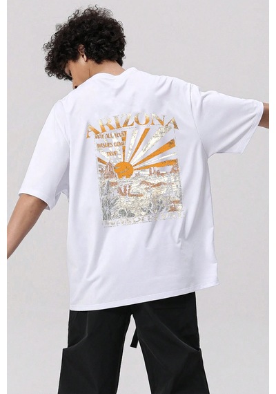 Unisex Sırt Baskılı Arizona Oversize Tshirt Beyaz