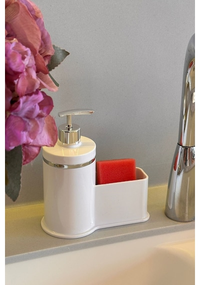 Makri Home Mutfak Veya Banyo İçin Şık Gümüş Detaylı Süngerlikli Sıvı Sabunluk , Yerli Üretim Beyaz