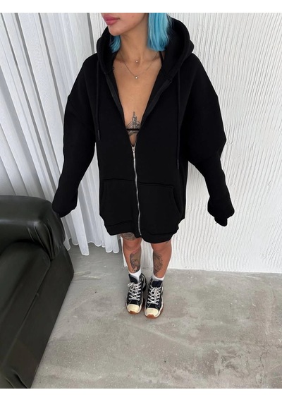Barlashive Kadın Tam Fermuarlı Cepli Kapüşonlu 3 İplik Pamuklu Hoodie Sweatshirt - Siyah Çok Renkli