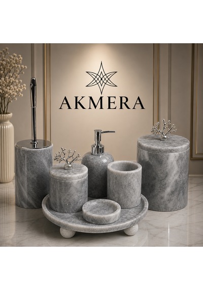 Lüks Gri Mermer Top Ayaklı 7 Parça Banyo Seti Gri - Beyaz