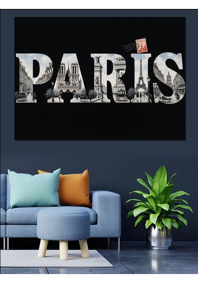 Eskitme Duvar Üzerine Paris Yazısı Dekoratif Kanvas - Mdf Ahşap Tablo