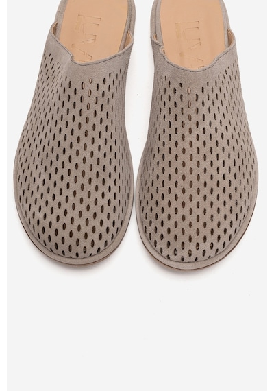 Luvishoes Melara Bej Süet Hakiki Deri Delikli Önü Kapalı Kadın Terlik
