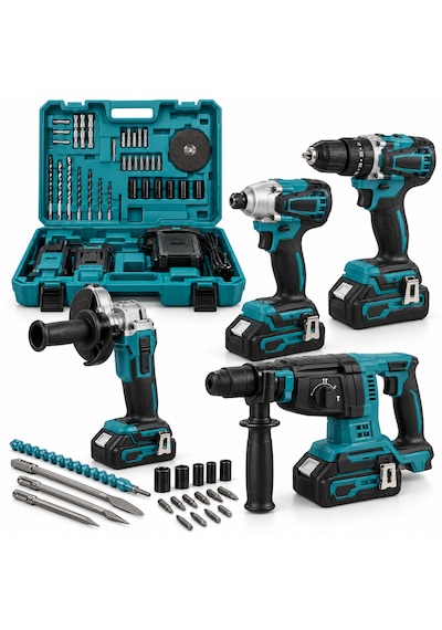 Profesyonel 4'lü Şarjlı El Aleti Seti Kırıcı Delici Hilti, Spiral Taşlama, Darbeli Vidalama Ve Somun Sıkma Akülü Çantalı Set