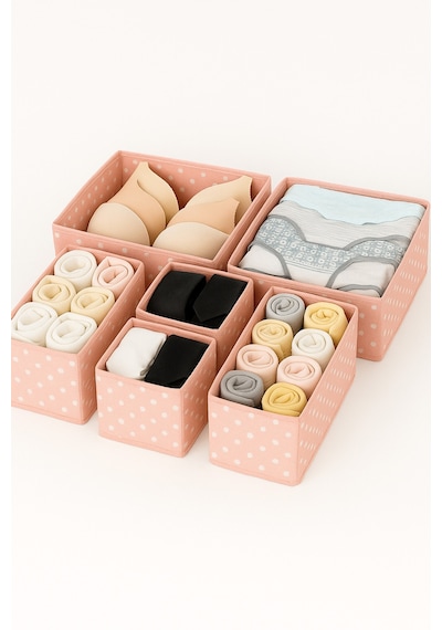 Serstil 6'lı Çekmece Içi Düzenleyici Organizer Set - Çok Amaçlı Dolap Içi Kutu Seti - Pembe Benekli Pembe Puantiye
