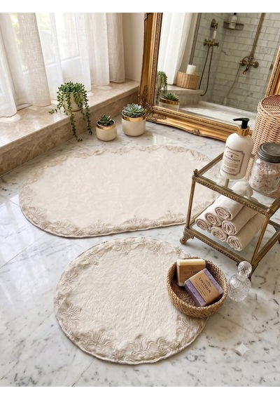 Çeyizlik Güpürlü Dantelli Banyo Paspas Takımı Kaymaz Taban 2'li Set 60x100 50x60 Diğer