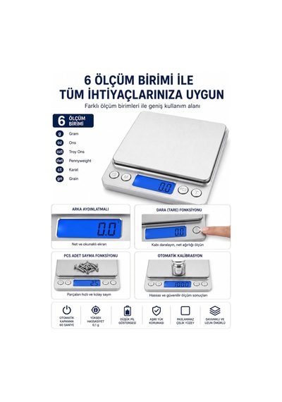 Dijital Hassas Mutfak Tartısı 3000 G Kapasiteli, 0,1 G Hassasiyetli, Lcd Ekranlı Mini Terazi, 6 Ölçüm Birimi, Dara Ve Pcs Adet Sayma Fonksiyonlu, Paslanmaz Çelik Çok Renkli