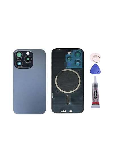 Apple Uyumlu iPhone 15 Pro Max Mavi Full Nfc Ve Demirli Arka Kapak Batarya Kapağı Pil Kapağı Yapışkan Ve Sökme Aparatıyla Beraber Full Set Mavi