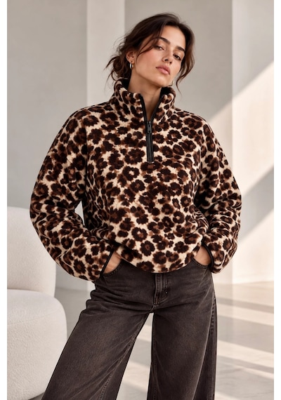 Bbbutikbasic Dik Yaka Yarım Fermuarlı Desenli Polar Sweatshirt My3535 Kahverengi Leopar Bbbutikbasic Dik Yaka Yarım Fermuarlı Desenli Polar Sweatshirt My3535 Kahverengi Leopar