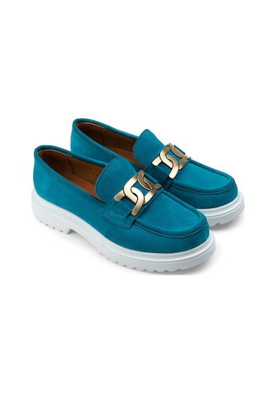 Deery Hakiki Süet Turkuaz Rengi Tokalı Loafer Kadın Ayakkabı - 01902ztrkp01 Turkuaz