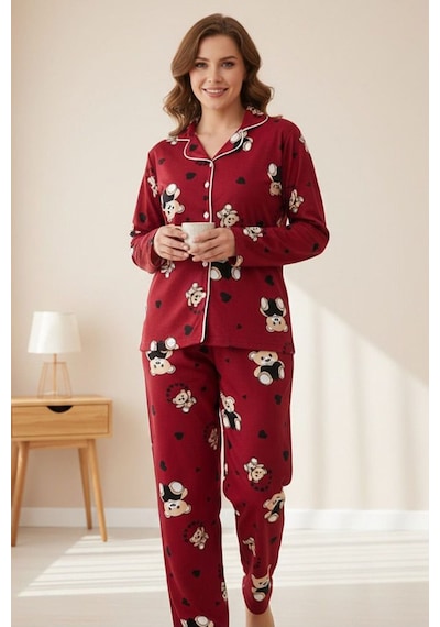 Miniğimin Cicileri Ayıcık Kalp Desenli Süet Anne Pijama Takımı - Bordo