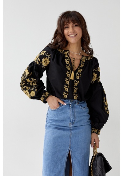 Femelle Kadın Siyah Püsküllü Nakış İşlemeli Vintage Bluz