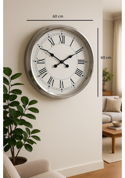 60 Cm Krom Metal Roma Rakamlı Duvar Saati