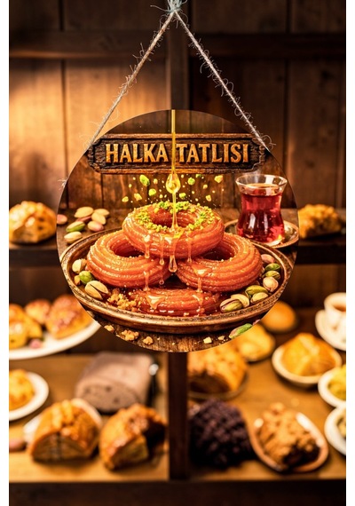 Halka Tatlısı Görselli Ahşap İpli Kapı Duvar Süsü Tatlıcı Cafe Tabelası Pano