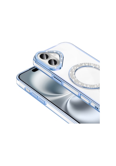 Apple Uyumlu iPhone 16 Kılıf Pırlanta Taş Tasarımlı M-safe Şarj Özellikli Karetta Silikon Kapak Mavi