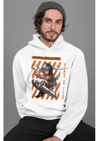 Sevbano Mikasa Ackerman Baskılı Unisex Oversize Attack On Titan Anime Hoo beyaz