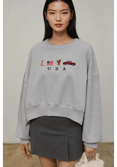 Hiccup İşlemeli Yuvarlak Yaka Sweatshirt Açık Gri