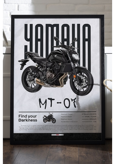 Yamaha Mt-07 Siyah Ahşap Çerçeveli Poster, Dekoratif Motosiklet Duvar Tablosu