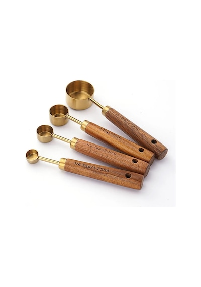 4 Parça Bambu Saplı Ölçü Kaşığı Seti, Gold Renk, Paslanmaz Çelik Diğer