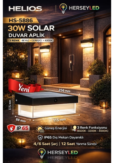 Helios Hs-5886 30w Solar Duvar Aplik 3 Renk - Beyaz + Günışığı + 4000k
