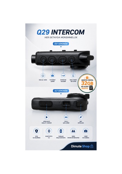 Q29 Motosiklet Kask Intercom Bluetooth Kulaklık 1080p Kamera Ipx6 Su Geçirmez 500m - 887499545