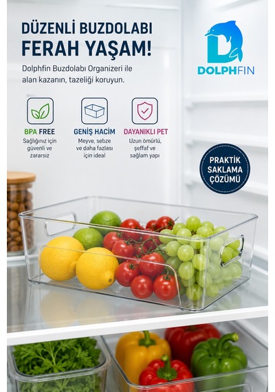 Şeffaf Pet Buzdolabı Organizeri Büyük Kulplu Düzenleyici Kutu 29,5x20,5x9 Cm