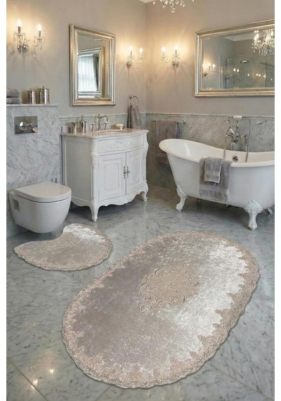 Tr Milas Kaymaz Taban, Kadife Dantel Detaylı 2'li Süper Lüks Oval Banyo Paspası Seti, Pembe, 60x100 Cm Genel