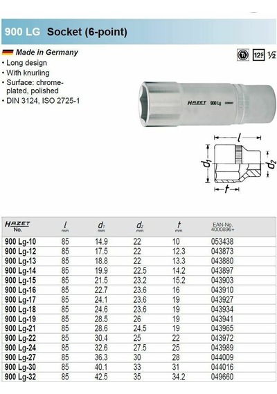 Alman Hazet 1/2" Lokma 6 Köşe Uzun Tip 12 Mm 900 Lg-12