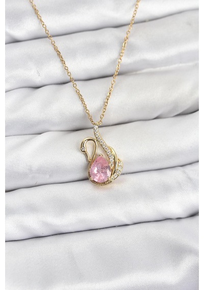 316l Çelik Zincir Gold Renk Pembe Kuğu Model Zirkon Taşlı Kadın Kolye Renkli Renkli