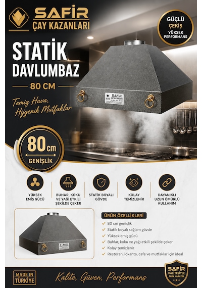 Safir Gri Statik Boyalı Davlumbaz 80 Cm Ebatlı Safir Davlumbaz