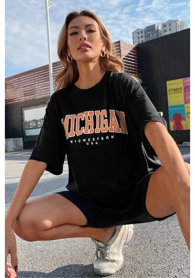 Blackjack Giyim Kadın Siyah Oversize Michigan Baskılı T-shirt Siyah
