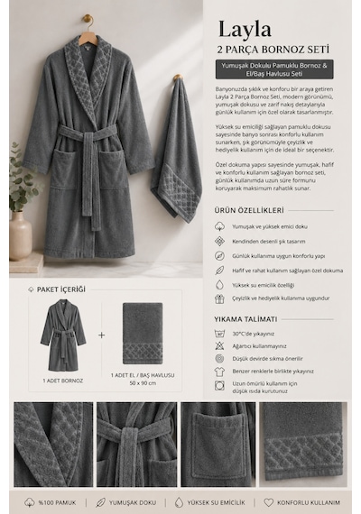 Layla Soft Unisex Bornoz Bornoz Erkek Bornoz Kadın Bornoz Hediyelik Sabahlık Çeyiz Antrasit