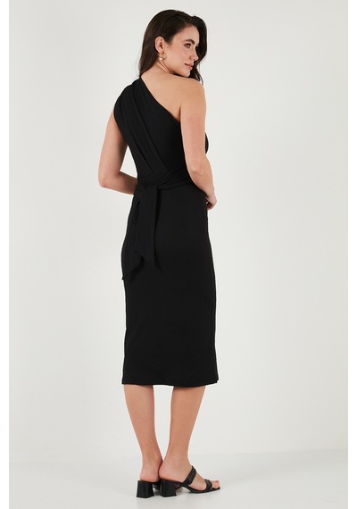 Lela Desenli Slim Fit Midi Boy Tek Omuzlu Bayan Elbise 5866202 Siyah
