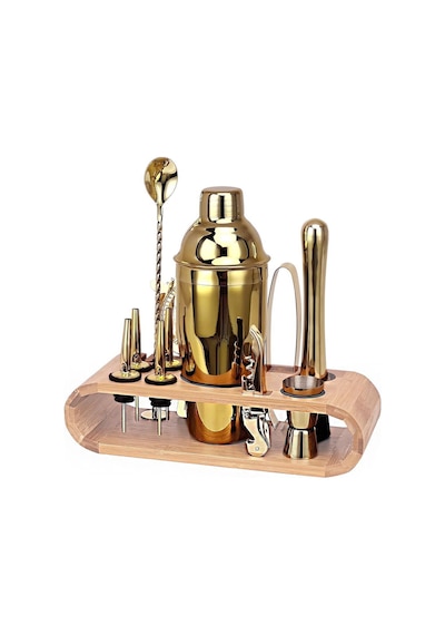 Ahşap Standlı 12 Parça Çelik 750 Ml Shaker Bar Tokmağı Jigger Seti Barmen Seti Altın