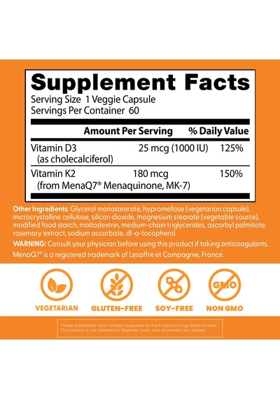 Doctor's Best Natural K2 Mk-7 Plus D3 Vitamin Bone Health Gluten
