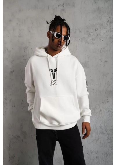 Barlashive Berkek 3 İplik Pamuklu Kapüşonlu Baskılı Cepli Oversize Sweatshirt Hoodie - Eyaz Çok Renkli