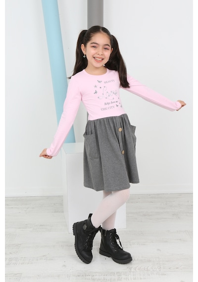 Toontoy Kız Çocuk Beauty Love Baskılı Elbise Pembe