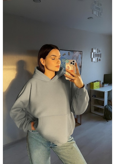 Benroma 3 İplik Penye Kadın Düz Renk Sweatshırt Gri