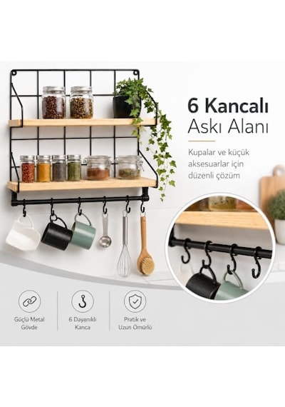 Tr Mutfak Rafı - 2 Katlı Baharatlık Ve 6'li Kupa Askısı - Duvar Tipi Metal Ahşap Mutfak Düzenleyici - 40x30x10 Cm Diğer