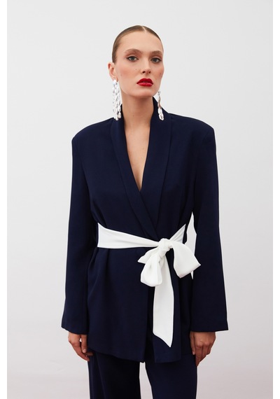 Sateen Beli Kuşaklı Uzun Ceket - Lacivert