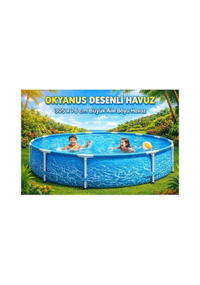 305x76 Cm Okyanus Desenli Büyük Aile Havuzu Prefabrik Bahçe Havuzu + Profesyonel Gözlük Hediyeli
