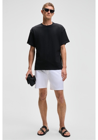 Grimelange LEYTON Erkek Relaxed Fit Çift Cepli Beli Lastikli Keten Karışımlı Dokuma Beyaz Şort & Bermuda