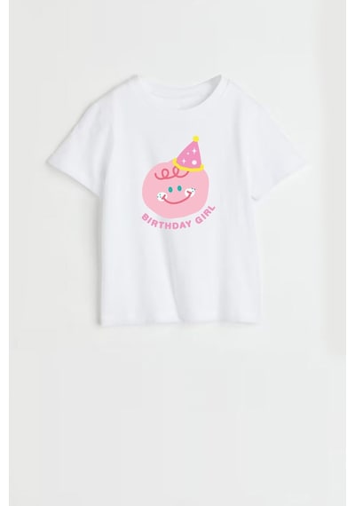 Monila Kız Çocuk Pamuklu Bisiklet Yaka Baskılı T-shirt Ekru - Pembe