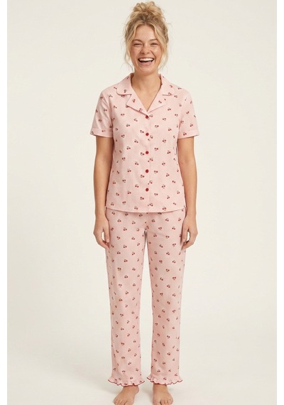 Siyah İnci İnce Soft Örme Mevsimlik Düğmeli Pijama Takımı 8043 Somon