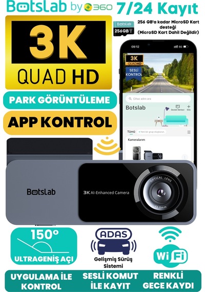 Hk50 3k Qhd Wifi 150 Ultra Geniş Açı Gece Görüşlü Akıllı Araç Kamera 2025