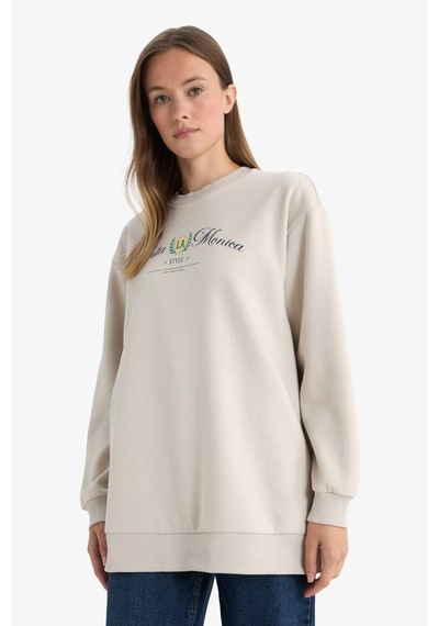 Defacto Regular Fıt Bisiklet Yaka Baskılı İçi Yumuşak Tüylü Sweatshirt Tunik F3088ax25wnbg186 Bej-bg186