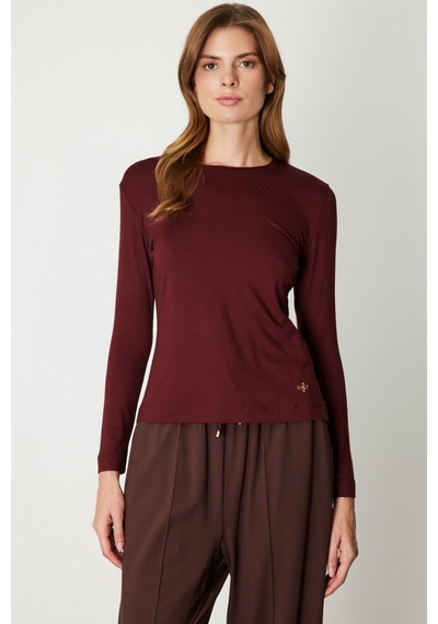 On Kadın Metal Aksesuarlı Sıfır Yaka Basic Bluz 61303 Bordo Bordo
