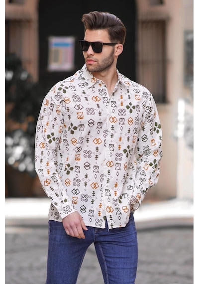 Madmext Haki Desenli Uzun Kollu Oversize Erkek Gömlek 6731 Haki