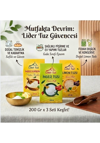 Tuz 3 Lü Set İngiliz Karbonatı 200 Gr + İngiliz Tuzu Epsom 200 Gr + Limon Tuzu 200 Gr